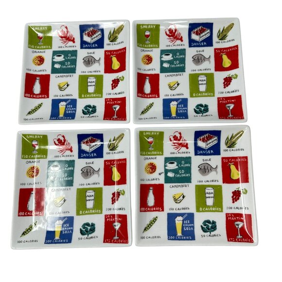 Boston Warehouse Snack Plates 2006 Square Ceramic Food Calorie Illustrations 4 - Picture 1 of 7